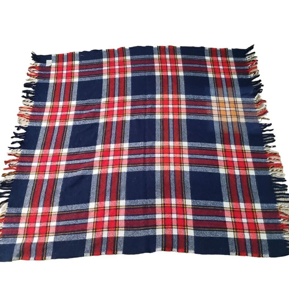 Faribo Plaid Throw Blanket Fringe Blue Red Tartan Home Bedding Cabin 52x53
